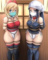 2girls absurdres akari_(pokemon) angry arms_behind_back bare_shoulders between_breasts between_legs between_thighs black_sleeves black_thighhighs blonde_hair blue_eyes blue_hair blue_kimono blue_thighhighs blush bondage bondage bondage bound bound_arms bound_breasts bound_legs bound_torso breast_bondage breasts cleavage clenched_hand cloth_gag collar creatures_(company) crotch_rope dankestofdans detached_sleeves female_focus fundoshi gag gagged game_freak glaring hair_between_eyes hair_ornament headscarf highres improvised_gag indoors irida_(pokemon) japanese_clothes kimono leash leashed_to_another legs legs_together long_hair looking_at_viewer looking_to_the_side medium_breasts medium_hair multiple_girls nintendo nipples obi obijime over_the_nose_gag panties pelvic_curtain pokemon pokemon_legends:_arceus red_scarf red_tank_top rope sash scarf shibari_over_clothes side-tie_panties side_slit sidelocks skin_tight skindentation slave tank_top thighhighs thighs underwear white_fundoshi white_headscarf window wooden_wall