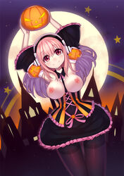 1girls armpits arms_up bad_id between_breasts black_legwear blush breasts breasts_out clothes_between_breasts dress female full_moon halloween headphones jack-o'-lantern looking_at_viewer moon night nipples nitroplus pink_eyes pink_hair ririko_(zhuoyandesailaer) shiny smile solo standing super_sonico