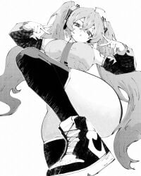 black_and_white hatsune_miku huge_breasts looking_at_viewer miregeist posing