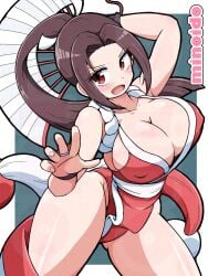 artist_name blush covered_erect_nipples curvy dynamic_pose fatal_fury holding_fan huge_breasts huge_thighs king_of_fighters mai_shiranui minoido1024 nipple_bulge paper_fan street_fighter street_fighter_6 thick_thighs voluptuous wide_hips