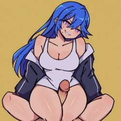 1boy 1girls ai_generated black_jacket blue_hair bottomless cleavage cowgirl_position duo hairclip highres jon-yakitory large_breasts large_penis male_pov mv_character nervous osmondai penis pink_eyes pov smile smirk stable_diffusion straddling straight straight sweatdrop tank_top thick_thighs thigh thigh_sex thighfuck white_shirt white_tank_top wide_hips yamada_perfect yellow_background