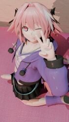 astolfo_(fate) blender fate/grand_order femboy gay k***ht peace_sign penis penis_under_skirt pink_hair skirt skirt_lift uncut