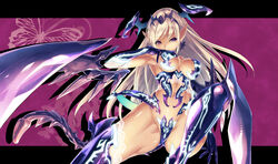 armpits ass blonde_hair boots covered_nipples demon_girl earrings elbow_gloves female gloves groin hair_ornament hand_on_own_chest hirano_katsuyuki jewelry long_hair navel purple_eyes skin_tight solo succubus thigh_boots thighhighs wings