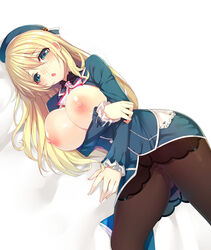 atago_(kantai_collection) bad_id black_legwear blonde_hair blush breast_hold breasts breasts_out female framed_breasts green_eyes hair hat headgear kantai_collection large_breasts long_hair nipples open_mouth pantyhose ririko_(zhuoyandesailaer) simple_background solo