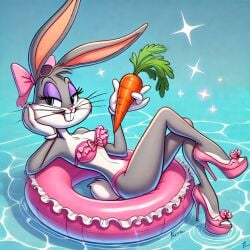 ai_generated bikini bugs_bunny carrot high_heels looney_tunes mtf_crossgender pool rule_63