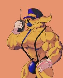 anthro biceps big_biceps big_breasts big_pecs blue_mankini breasts cap cute cute_face mankini orange_background pecs silly silly_face skull the_conductor the_conductor_(ahit) tongue tongue_out walkie-talkie