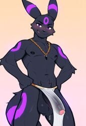 ai_generated anthro athletic_male blush eeveelution humanoid_penis loincloth looking_down male male_only nai_diffusion necklace novelai pokemon pokemon_(species) purple_eyes purple_markings self_upload umbreon uncut weedvee420