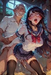 1boy 1boy1girl 1girls ahe_gao ai_generated ass barn black_hair collar cum dripping_cum farm from_behind happy haystack kauhor22 long_hair night old_man older_male pink_eyes school_uniform sex sex_from_behind skirt standing_sex stockings wet_clothes