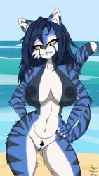 9:16 anthro beach big_breasts bikini blue_body blue_fur blue_hair blue_pubes bottoms breasts clothed clothing fangs felicia_(tailsrulz) felid feline female fluffy fluffy_fur fur genitals hair hi_res looking_at_viewer mammal messy_hair nipples nude omgawd outside pantherine portrait pubes pussy sand sea seaside smile smirk solo stripes summer swimwear teeth three-quarter_portrait tiger topless tuft two-piece_swimsuit water yellow_eyes