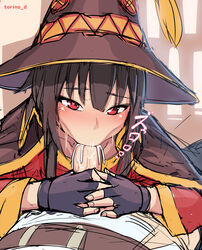 1boy :>= artist_name black_hair collarbone cum cum_in_mouth fellatio female fingerless_gloves gloves hair hat headgear highres kono_subarashii_sekai_ni_shukufuku_wo! looking_at_viewer megumin notori_d oral overflow penis red_eyes satou_kazuma sucking witch_hat