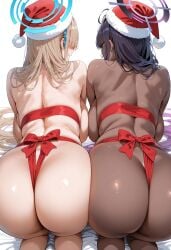 2girls ai_generated ass asuna_(blue_archive) black_hair blonde_hair blue_archive blue_eyes breasts chocolate_and_vanilla christmas dark-skinned_female dark_skin dat_ass female flyingpancake hair_over_one_eye hi_res hips huge_ass huge_breasts karin_(blue_archive) light-skinned_female light_skin long_hair naughty_face ribbon santa_hat thick_thighs thighs wide_hips yellow_eyes