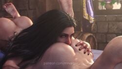 3d ass ass_grab big_ass black_hair black_nails bubble_butt cd_projekt_red completely_nude eating_ass feet feet_up female female_only freckles light-skinned_female light_skin lying lying_on_stomach mascara mrvargas nude purple_eyes rimjob rimming rimming_female the_witcher_(series) the_witcher_3:_wild_hunt triss_merigold yennefer yuri