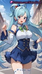 1girls ai_generated anime anime_style aqua_(konosuba) aqua_hair bangs bare_shoulders blue_eyes blue_hair blue_skirt blue_sky blush bow bowtie breasts brooch building bust busty buttons caucasian clothing cloud cowboy_shot day detached_sleeves earrings female female_focus female_only female_solo frills gem green_bow green_bowtie hair_bobbles hair_ornament hair_rings hentai jewelry kono_subarashii_sekai_ni_shukufuku_wo! large_breasts long_hair long_sleeves looking_at_viewer medium_breasts miniskirt natsuyoru non-asian open_mouth outdoors pleated_skirt road shirt single_hair_ring skindentation skirt sky sleeveless solo solo_female teeth thighhighs thighs town underbust upper_teeth_only v-shaped_eyebrows very_long_hair voluptuous voluptuous_female white_shirt white_sleeves white_thighhighs wide_sleeves zettai_ryouiki