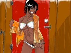 1girls bikini black_hair black_pubic_hair bleach breasts dark-skinned_female dark_skin female_pubic_hair hairband looking_at_viewer pubic_hair shihouin_yoruichi smile solo tata white_bikini yellow_eyes