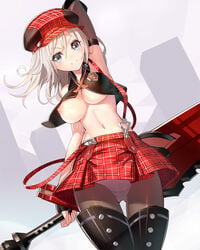 alisa_ilinichina_amiella arm_up armpits black_boots black_gloves black_legwear blonde_hair blue_eyes blush boots breasts elbow_gloves female fingerless_gloves gloves god_eater god_eater_burst gradient_background hair hat headgear large_breasts long_hair midriff navel nipple_slip nipples panties panties_under_pantyhose pantyhose pantyshot_(standing) parted_lips plaid plaid_skirt ririko_(zhuoyandesailaer) showing_armpits skirt smile solo suspender_skirt suspenders thigh_boots thighhighs underboob underwear weapon white_panties