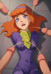 ai_generated clothed clothing crying daphne_blake defeated deserved_rape dirty_clothing empty_eyes female female_dominated female_focus gangbang green_scarf hairband lying lying_down orange_hair peeing peeing penis piss_on_body piss_on_hair piss_soaked pissing_on_breasts pissing_on_face pissing_on_floor pov purple_dress purple_eyes rape scooby-doo scooby-doo!_mystery_incorporated slut soaked straight straight urine wet whore