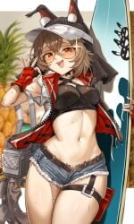 arknights breasts caper_(arknights) denim denim_shorts female glasses hand_sign jean_shorts puccho_illust short_shorts shorts smirk