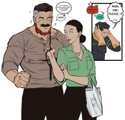 awkward bonjourdraws cringing crying debbie_grayson deborah_grayson dialogue dog_collar embarrassed english_text female hearing invincible invincible_(tv_series) listening_to_sex male mark_grayson moustache nolan_grayson omni-man pet_play smiling smiling_at_partner text