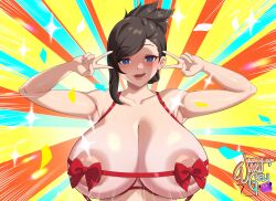 absurdres armpits arms_up blue_eyes blush breasts brown_hair denisse_(aster_crowley) double_v emotional_engine_-_full_drive female hands_up highres huge_breasts large_breasts looking_at_viewer mature_female mole mole_under_mouth nipples open_mouth original smile solo underwear v v_over_eye waru-geli