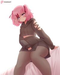 1girls belly_button_visible_through_clothing black_clothing black_legwear black_stockings black_top doki_doki_literature_club female female_only legwear light-skinned_female light_skin long_sleeves looking_down natsuki_(doki_doki_literature_club) pink_eyes pink_hair raionart red_hairclip short_hair sitting_on_bed stockings thighs thighs_together white_background