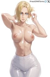 1girls abs ai_generated annie_leonhardt attack_on_titan blonde_hair blue_eyes color female female_focus female_only fit fit_female medium_breasts muscular muscular_female nipples priestofart simple_background solo solo_female solo_focus tagme tagme_(artist) tagme_(character) white_background white_pants wide_hips