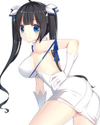 arm_ribbon black_hair blue_eyes blush breasts dress dungeon_ni_deai_wo_motomeru_no_wa_machigatteiru_darou_ka female gloves hair_ornament hestia_(danmachi) large_breasts long_hair looking_at_viewer pointy_chin rei_no_himo ribbon ririko_(zhuoyandesailaer) simple_background smile solo tied_hair twintails white_background white_dress white_gloves