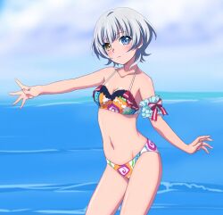 1girl bang_dream! bikini cleavage heterochromia kaname_raana looking_at_viewer medium_breasts string_bikini white_hair