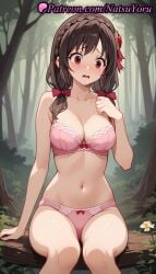 1girls ai_generated anime anime_style asian bangs bare_arms bare_shoulders black_hair blush bow bow_bra bow_panties bra braid breasts brown_hair bust busty cleavage collarbone crown_braid day embarrassed feet_out_of_frame female female_focus female_only flower forest furrowed_brow hair_ornament hair_ribbon hairbow hand_on_own_chest hand_up hentai kono_subarashii_sekai_ni_shukufuku_wo! large_breasts lingerie long_hair looking_at_viewer low_twintails medium_breasts natsuyoru nature navel nose_blush open_mouth outdoors panties pantsu pink_bra pink_panties raised_eyebrows red_bow red_eyes red_ribbon ribbon sitting solo solo_female stomach tearing_up thighs tree twintails underwear underwear_only voluptuous voluptuous_female wavy_mouth white_flower yunyun_(konosuba)