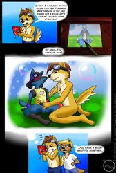 arbok_x_(artist) blush canine clothing comic cum daxterdingo dingo erection erection_under_clothes eyewear goggles handjob humor knot lucario male mammal meerkat mongoose nintendo pokemon pokemon_(species) text video_games yaoi