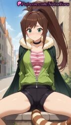 1girls ai_generated anime anime_style asian bangs black_choker black_shorts blue_sky blush bowlegged_pose breasts brown_hair building bust busty cape choker closed_mouth collarbone day female female_focus female_only fur_trim green_cape green_eyes green_jacket hair_intakes hentai high_ponytail jacket kono_subarashii_sekai_ni_shukufuku_wo! long_hair looking_at_viewer medium_breasts natsuyoru open_clothes open_jacket outdoors partially_unzipped pink_shirt ponytail raccoon_tail rin_(konosuba) road shirt short_shorts shorts sitting sky solo solo_female spread_legs street striped striped_clothes striped_shirt striped_tail tail thighs unzipped voluptuous voluptuous_female zipper zipper_pull_tab