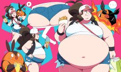 ass baseball_cap bbw big_belly brown_hair eating emboar fat fat_belly female female_focus girl hilda_(pokemon) jeetdoh large_belly morbidly_obese morbidly_obese_female pignite pokemon pokemon_(species) ssbbw tepig