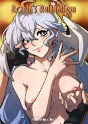 1boy 1girls areolae blue_eyes blue_hair blush breasts caress caressing_face comic_cover earrings english_text female fingerless_gloves gloves head_wings hi_res honkai:_star_rail honkai_(series) kinkymation long_hair looking_at_viewer male_pov medium_breasts mihoyo nipples nude nude_female pov robin_(honkai:_star_rail) smile text wings