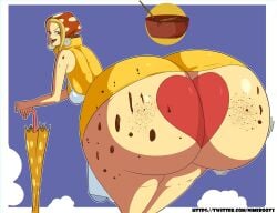 bandana bending_over blonde_female blonde_hair blue_eyes chocolate chocolate_on_ass chocolatier earrings gigantic_ass gigantic_butt heart_on_ass heart_symbol huge_ass huge_butt mikita_(one_piece) miss_valentine nimebooty one_piece umbrella valentine's_day yellow_dress