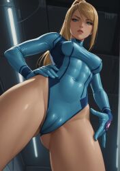 1girls abs ai_generated anonymous_artist blonde_hair blue_bodysuit blue_eyes bodysuit breasts cameltoe female female_only fit from_below hands_on_hips high_res highres leotard light_skinned_female looking_at_viewer looking_down looking_down_at_viewer metroid muscular muscular_female navel nintendo ponytail samus_aran scrunchie skintight solo zero_suit_samus