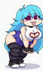 ai_generated bent_over blue_hair blush boob_window chubby chubby_female clothed crop_top curvy fingerless_gloves friday_night_funkin friday_night_funkin_mod heart-shaped_pupils large_ass large_breasts long_hair looking_at_viewer pixai purple_eyes shoes simple_background skirt sky_(friday_night_funkin) skyblue_(friday_night_funkin) striped_thighhighs tongue_out white_background