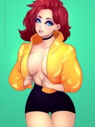 80s_hair barely_covered_breasts big_breasts black_shorts breasts lucyluuma makeup nintendo no_bra princess_daisy super_mario_bros.