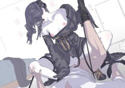 bangs black_dress black_hair brown_eyes clothed clothed_sex clothing cowgirl_position domination female_domination flat_chest girls'_frontline headgear japanese_clothes japanese_text kimono moaning nyto_(girls'_frontline) nyto_nimogen_(girls'_frontline) paradeus penetration penis penis_in_pussy small_breasts tagme twintails visible_breath zandorosouls