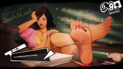 3d accurate_art_style black_hair blush classroom dialogue feet foot_fetish lipstick makeup megami_tensei ms._chouno persona persona_5 shoe_removed smell smelly_feet soles switchlaid