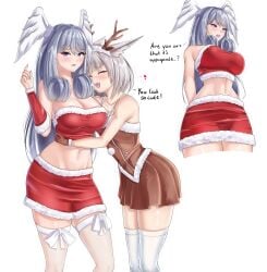 2girls absurd_res annoyed bare_shoulders blue_eyes breasts brown_dress cat_ears catgirl christmas christmas_outfit dress embarrassed facial_markings female female_only highres hugging large_breasts lesbian long_hair melia_antiqua midriff monolith_soft navel nia nintendo silver_hair skirt stockings succducc888 thick_thighs thighs uncomfortable very_long_hair xenoblade_(series) xenoblade_chronicles_3 yuri