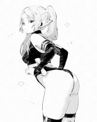 1girls ass ass_focus crossover elf elf_ears elf_female frieren greyscale looking_back marvel marvel_comics miregeist monochrome pointy_ears psylocke psylocke_(cosplay) solo sousou_no_frieren twintails x-men