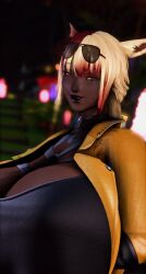 1girls 3d blonde_hair cat_ears catgirl dark-skinned_female female female_only final_fantasy final_fantasy_xiv gpose(ffxiv) huge_breasts hyper hyper_breasts leothiccposting miqo'te original_character red_highlights solo_focus square_enix yellow_eyes