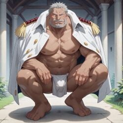 ai_generated bara bulge bulge_through_clothing coat_on_shoulders grey_hair loincloth looking_at_viewer male male_only monkey_d_garp muscular muscular_male older_male one_piece solo solo_male squatting tagme yogiri1988