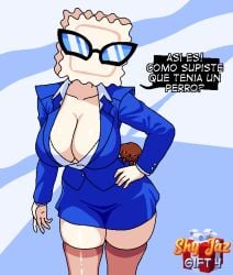 blue_skirt blue_suit domestic_dog gift_art meme pixel_art ravioli shy_jaz simple_background skirt spanish_text standing suit sunglasses text