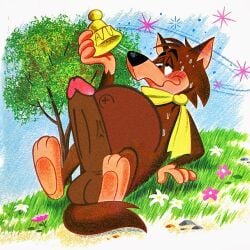 1960 1boy 2024 3rd_party_edit big_belly blush brown_fur dizzy dizzy_eyes erection flower flowers grass grass_field hanna-barbera hat horny huge_cock loopy_(loopy_de_loop) loopy_de_loop male male_only navel official_art outie_navel scarf supermariofann1 sweat sweating third-party_edit tree veiny_penis wolf