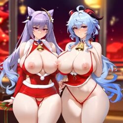 2girls ahoge ai_generated animal_ears bangs bare_shoulders bell blue_hair blurry blush breasts breasts_outside christmas cleavage closed_mouth dress eyebrows_visible_through_hair ganyu_(genshin_impact) genitals genshin_impact gift hair_between_eyes highleg highleg_panties huge_breasts keqing_(genshin_impact) long_hair looking_at_viewer multiple_girls navel nipples panties pink_eyes purple_eyes purple_hair racerai red_dress red_panties santa_costume smile thighs underwear yuri