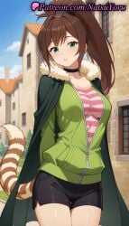 1girls ahoge ai_generated anime anime_style arms_behind_back bangs black_choker black_shorts blue_sky blush breasts brown_hair building bust busty cape choker collarbone cowboy_shot day female female_focus female_only fur-trimmed_cape fur_collar fur_trim green_cape green_eyes green_jacket hair_intakes hentai high_ponytail jacket kono_subarashii_sekai_ni_shukufuku_wo! long_hair long_sleeves looking_at_viewer medium_breasts natsuyoru outdoors parted_lips partially_unzipped pink_shirt ponytail raccoon_tail rin_(konosuba) shirt short_shorts shorts sky solo solo_female standing striped striped_clothes striped_shirt striped_tail tail thigh_gap tied_hair voluptuous voluptuous_female zipper zipper_pull_tab