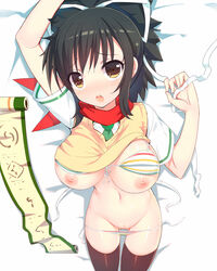 asuka_(senran_kagura) bad_anatomy bad_id black_hair blush breasts brown_eyes female looking_at_viewer nipples open_mouth panties panty_pull ponytail pussy ririko_(zhuoyandesailaer) scroll senran_kagura senran_kagura_(series) solo striped striped_panties thighhighs tied_hair uncensored underwear