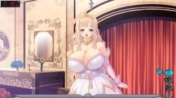 1girls bare_shoulders bedroom_eyes before_paizuri blonde_hair blonde_hair_female breasts castle_background castle_interior cleavage clothed_female curtains dress female female_only flower game_cg gigantic_breasts happy_ending huge_breasts hyper_breasts kyonyuu_fantasy long_blonde_hair long_hair long_hair_female luceria_von_diamante massive_breasts mirror platinum_blonde_hair princess solo_female tiara waffle