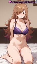 1girls :o ahoge ai_generated anime anime_style arms_behind_back asian bangs bare_shoulders barefoot bed bed_sheet bedroom blush bottomless bra breasts brown_eyes brown_hair bust busty cleavage cleft_of_venus collarbone feet female female_focus female_only foot_fetish full_body hair_over_one_eye hentai indoors kneeling kono_subarashii_sekai_ni_shukufuku_wo! large_breasts long_hair looking_at_viewer natsuyoru navel on_bed paipan parted_lips purple_bra pussy pussy_juice seiza shaved_vagina sitting solo solo_female stomach thighs uncensored underwear vagina voluptuous voluptuous_female wiz_(konosuba)