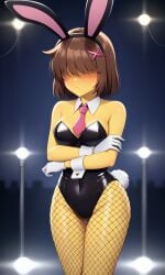 ai_generated bangs_over_eyes big_breasts blushing_at_viewer bob_cut brown_hair bunny_ears bunnysuit clothed collar crossed_arms deltarune female fishnets gloves hairclip kris_(deltarune) kris_female_(deltarune) lights nipple_bulge not_porn pink_tie pixai rabbit_hole_(cosplay) slim_waist solo undertale_(series) white_gloves wrist_cuffs yellow_skin